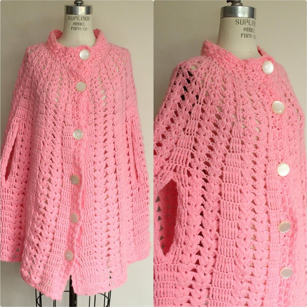 Vintage 1960s 1970s Poncho Shawl, Pink Knit or Crochet with Buttons Cape Wrap